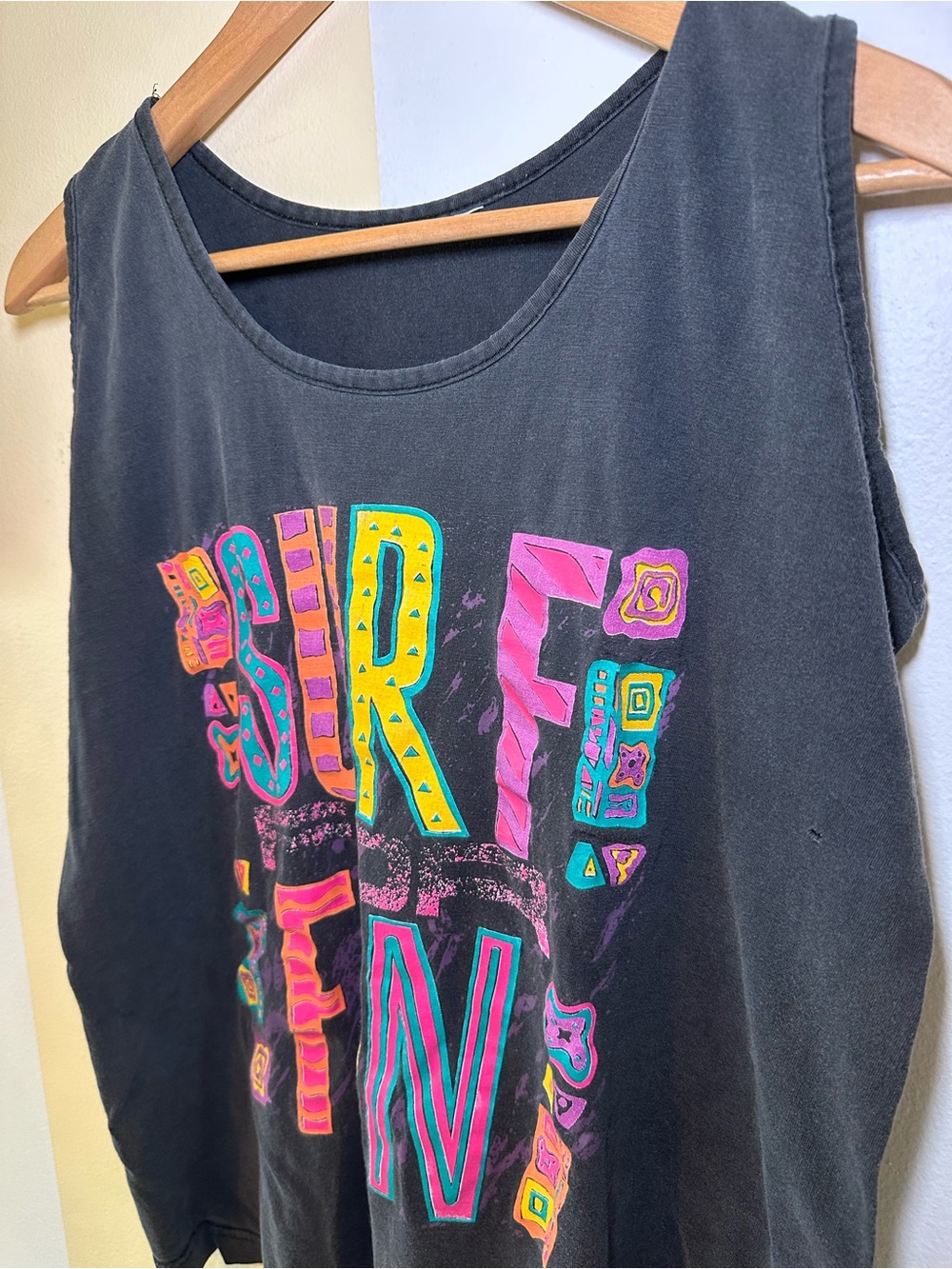 Vintage Tultex Men's Medium Single Stitch Neon Colors "SURF FOR FUN" Tank Top